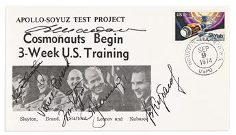 (ASTRONAUTS--APOLLO-SOYUZ.) Three First Day Covers, each Signed by members of the prime crew, the cosmonauts in Cyrillic,